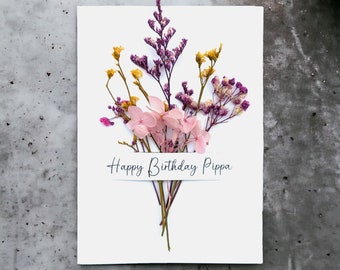 Personalised Birthday Card for Her - Birthday gift for her - Real dried flowers - Birthday card for mum