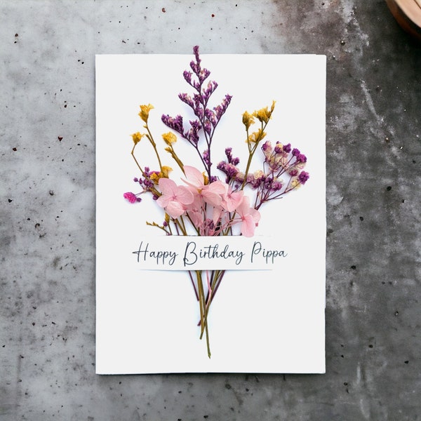 Personalised Birthday Card for Her - Birthday gift for her - Real dried flowers - Birthday card for mum