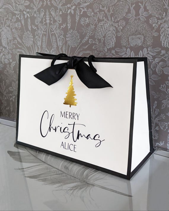 Personalised Christmas Gift Bag – Luxury Tree Design, Ribbon Handles