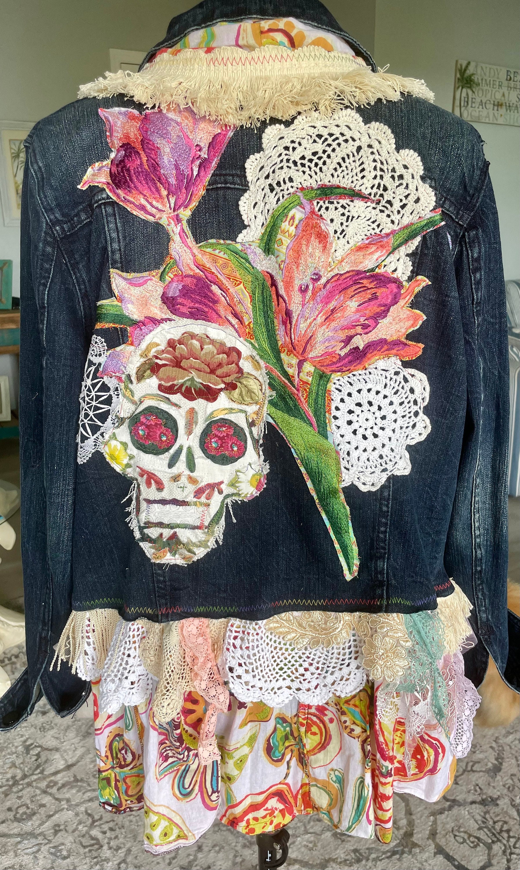 Upcycled Sugar Skull Denim Jacket - Etsy