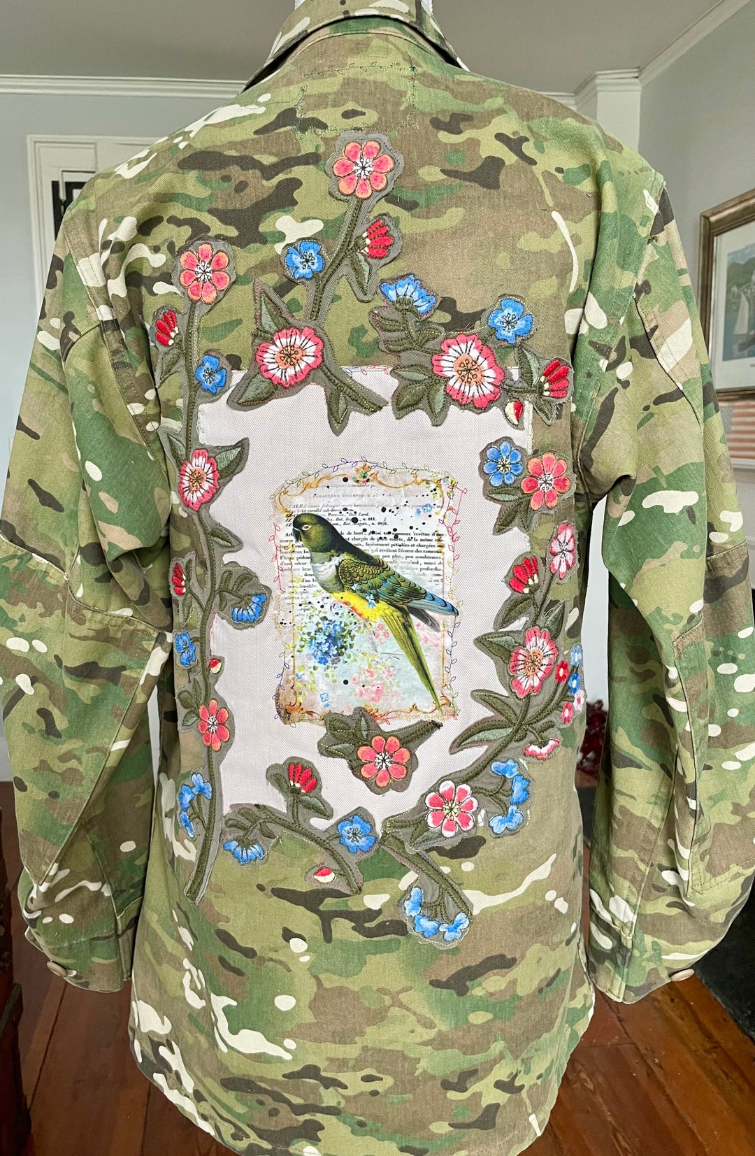Upcycled Army Jacket With Parrot and Flower Appliqués Etsy