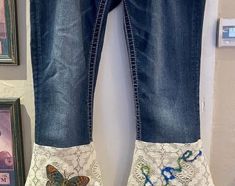 Upcycled Denim Jeans with Lace Bellbottoms