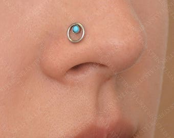Surgical Steel Nose Ring with Turquoise Stone - works as tragus earring, cartilage ring, helix piercing