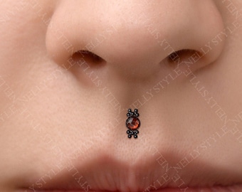 May include: A black septum piercing with a central red gemstone. The jewelry has a decorative design with small, symmetrical elements on either side of the gem. The piercing is centered on the nose.