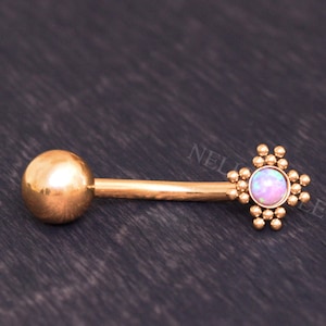 Surgical Steel Belly Bar - Belly Button Ring with Opal, Body Jewelry