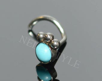 Surgical Steel Nose Ring with Turquoise Stone - works as tragus earring, cartilage ring, helix piercing