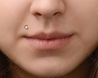 Internally Threaded Labret Stud - Surgical steel lip piercing, monroe earring with Opal, medusa jewelry