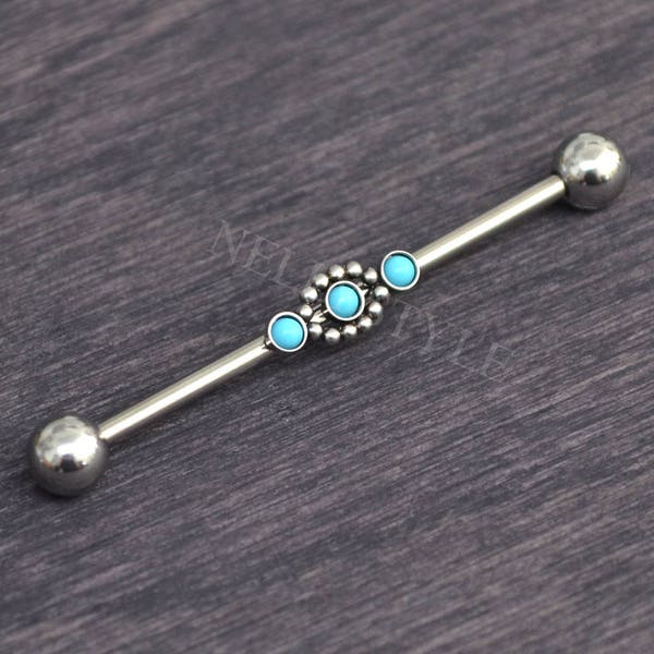 Industrial Jewelry with Turquoise Stone - Surgical Steel Scaffold Barbell