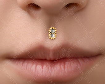 Internally Threaded Labret Stud - Surgical steel lip piercing, monroe earring with CZ, medusa jewelry