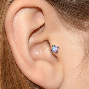 Labret Earring 316L Surgical Steel Internally Threaded - Opal Tragus Stud, Cartilage Piercing, Helix Earring, Conch Earring Stud