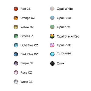 Puede incluir: Un gr&aacute;fico que muestra diferentes piedras preciosas de colores, incluyendo CZ rojo, naranja, amarillo, verde, azul claro, azul oscuro, morado, rosa y blanco, as&iacute; como &oacute;palo blanco, &oacute;palo azul, &oacute;palo kiwi, &oacute;palo negro-rojo, &oacute;palo rosa, turquesa y &oacute;nix.