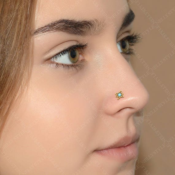 Nose Piercing Ring With Turquoise Stone 316L Nose Ring 18g Nose