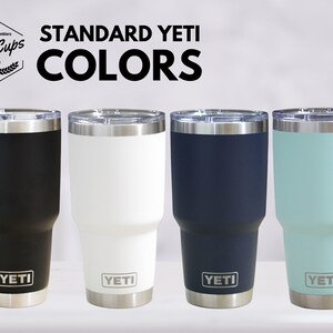 a set of three yeti travel mugs with the words standard yeti colors