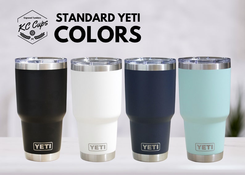 a set of three yeti travel mugs with the words standard yeti colors