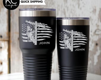 Laser Engraved Lineman Tumbler • Personalized • Lineman Gift for Him • 20 or 30oz Insulated Mug