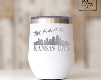 Kansas City Christmas Tumbler, Laser Engraved 12 oz Wine Tumbler, Kansas City Santa Skyline, Kansas City, KC Football, KC Wine, Hostess Gift