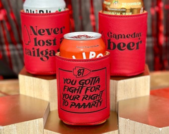 Kansas City Football Leatherette Can Cooler, Laser-Engraved Drink Sleeve, Fight For Your Right Can Holder KC Football Tailgate Gift Big Game