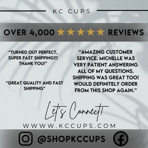 May include: A graphic with a white background and a shadow of a leafy plant. The text "OVER 4,000" is in black with five gold stars. The text "KC CUPS" is in black. The text "REVIEWS" is in black. There are two customer reviews in black text. The text "Let's Connect!" is in black with a decorative font. The text "WWW.KCCUPS.COM" is in black. The text "@SHOPKCCUPS" is in black with a white Instagram icon. The text "f" is in white with a blue Facebook icon.