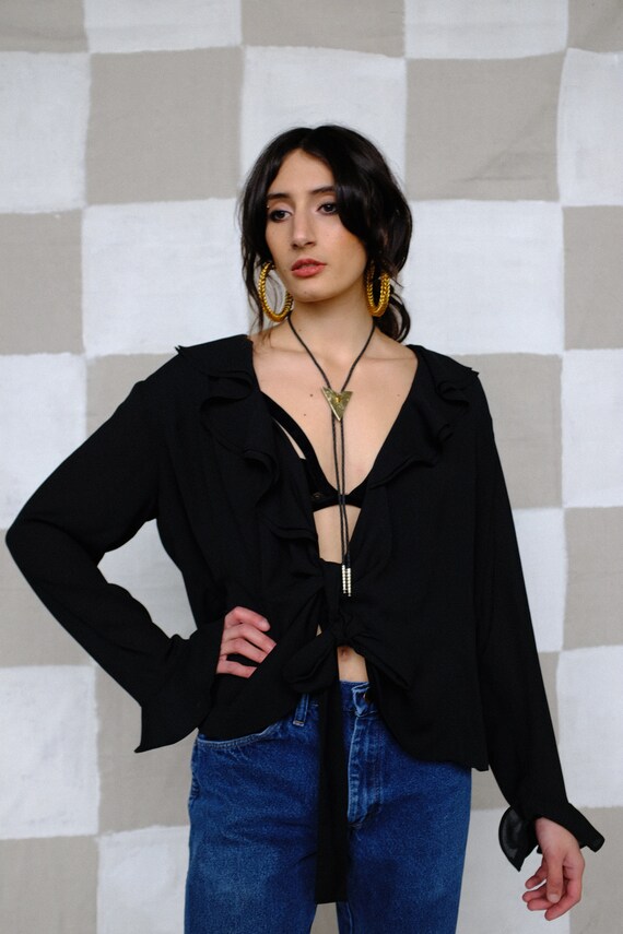 BLACK RUFFLE FLAMENCO Blouse Tie Top Chiffon