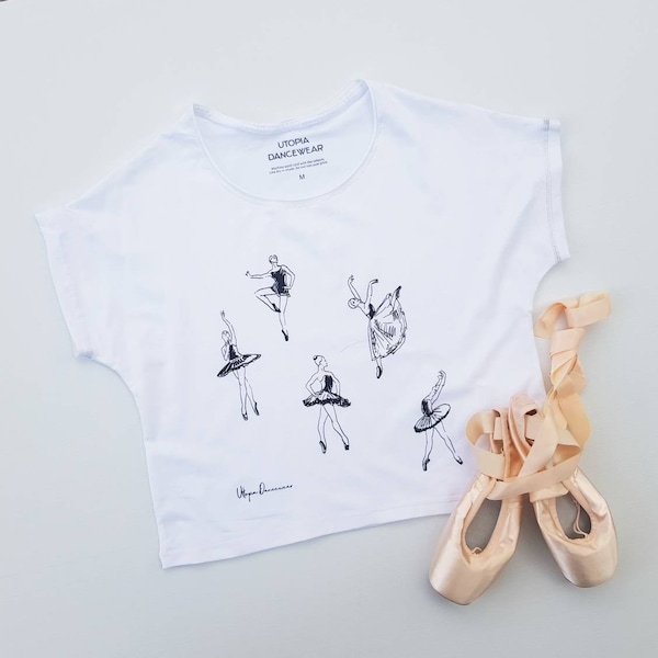 Teen & adult ballerina print cropped t-shirt - Adult dancewear - Ballet tshirt - Ladies tee for ballet, barre, pilates and workout