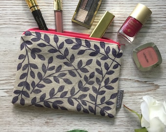 Hand Printed Linen Zipped Pouch | Leaves | Makeup Bag | Purse | Pencil Case | Handmade | Hand Sewn | Block Printed | Gift |  Present