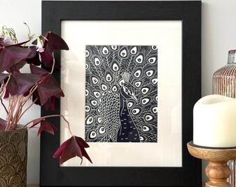 Original Linocut Print Peacock | Available in Various Colours | Handmade | Original | Gift For Her | Home Decor | Peacock | Birthday Present