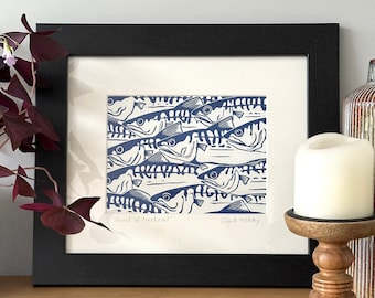 Original Linocut Print Shoal of Mackerel | Handmade | Original | Gift For Him | Home Decor | Fish | Birthday Present