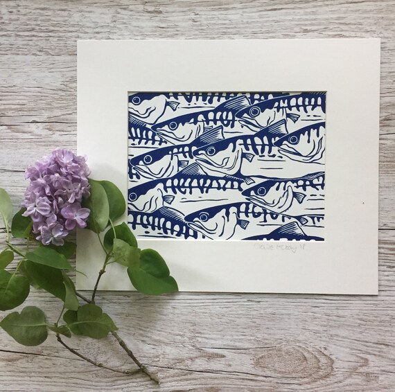 Original Linocut Print Shoal of Mackerel | Handmade | Original | Gift For Him | Home Decor | Fish | Birthday Present