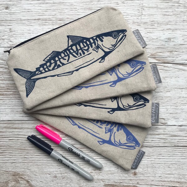 Hand Printed Linen Pencil Case | Mackerel Design | Zip Bag | Purse | Handmade | Hand Sewn | Block Printed | Fish Print | Back To School