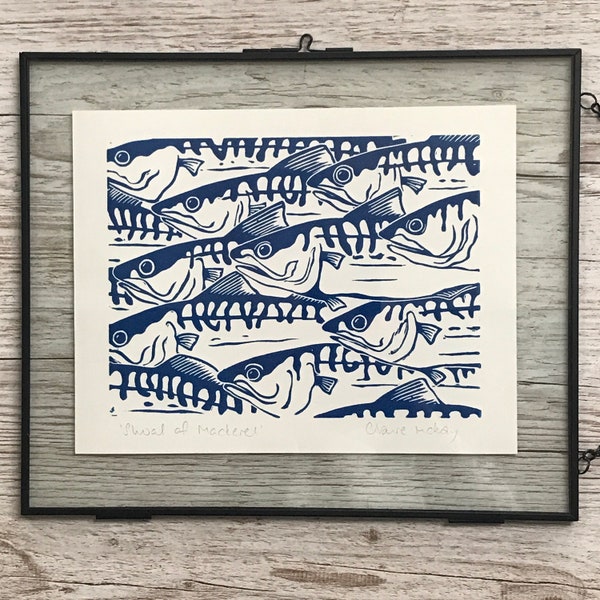 Original Linoldruck Makrelenschwarm | Handarbeit | Original | Geschenk für Ihn | Wohnkultur | Fisch | Geburtstagsgeschenk