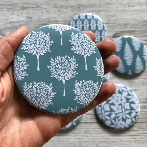 Pocket Mirror | Original Linocut Mulberry Tree Design | 76cm/3" Diameter | Metal & Glass | Gift For Her | Stocking Filler | Cosmetic Mirror