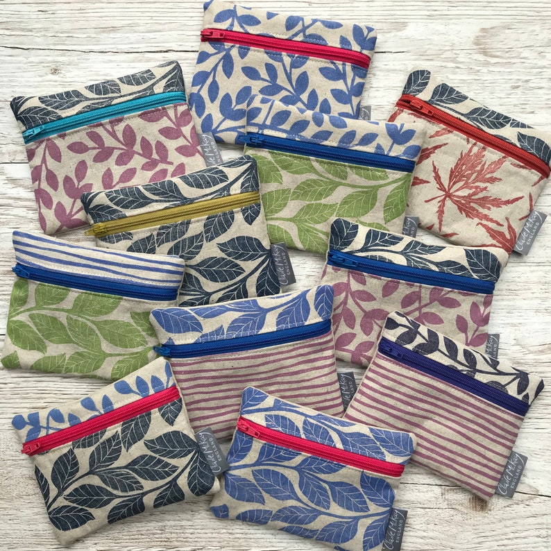 Gift For Her Block Printed By Hand Present Cornflower Stripes Navy Zip Green Leaves Hand Printed Linen Zipped Coin Purse