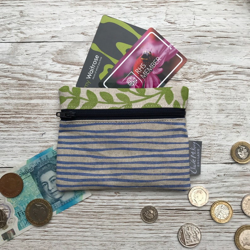 Gift For Her Block Printed By Hand Present Cornflower Stripes Navy Zip Green Leaves Hand Printed Linen Zipped Coin Purse