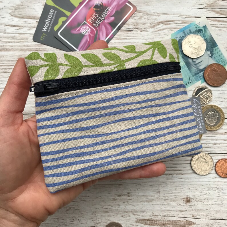 Gift For Her Block Printed By Hand Present Cornflower Stripes Navy Zip Green Leaves Hand Printed Linen Zipped Coin Purse