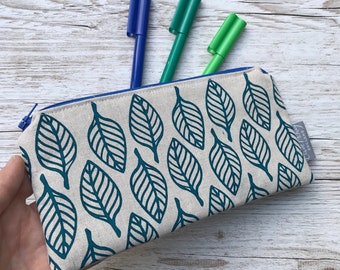 Hand Screen Printed Linen Pencil Case | Teal Leaves | Zip Bag | Purse | Handmade | Retro Mid Century | Back To School