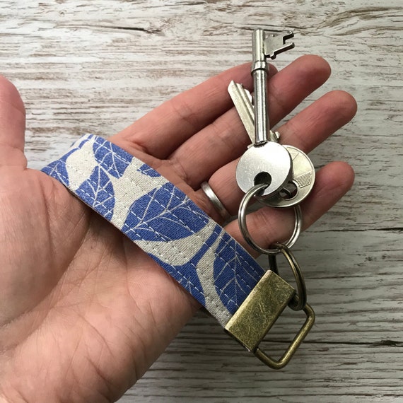 Hand Printed Linen Key Ring | Cornflower Blue Leaves | Key Fob | Wristlet | Antique Brass