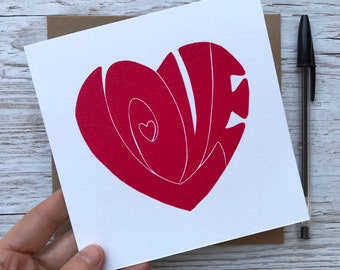 Love Valentines Card | Anniversary Card | Handmade | Hand Printed | Blank Inside | Heart Design | Original | Love