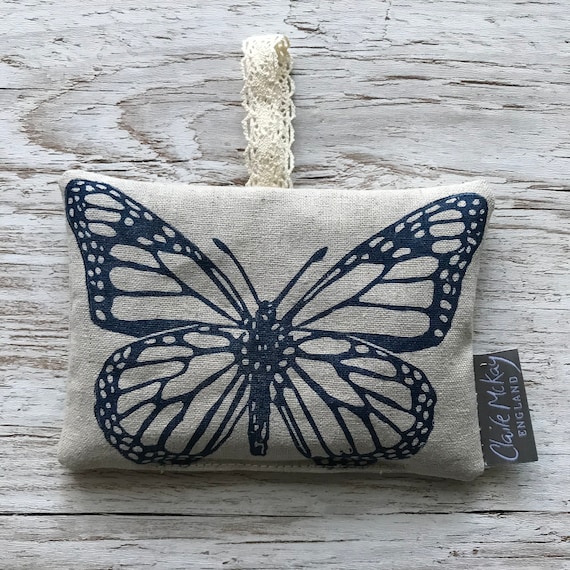 Hand Printed Linen Lavender Bag | Navy Butterfly | Original Linocut Design