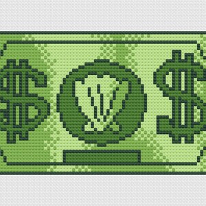 May include: A pixelated green dollar bill design. The bill features two dollar signs and a central emblem, all in shades of green. The background has a subtle pattern, and the overall style is reminiscent of cross-stitch.