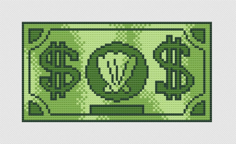 May include: A pixelated green dollar bill design. The bill features two dollar signs and a central emblem, all in shades of green. The background has a subtle pattern, and the overall style is reminiscent of cross-stitch.