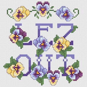 Peut inclure: Modèle de point de croix avec le mot "EASY" en lettres violettes entouré de pensées jaunes et violettes avec des feuilles vertes.
