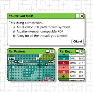 May include: A digital cross-stitch pattern listing with a retro computer interface theme. The image includes a pop-up window with the text "You've Got Mail!" and details about the pattern, a pattern chart, and a color key.