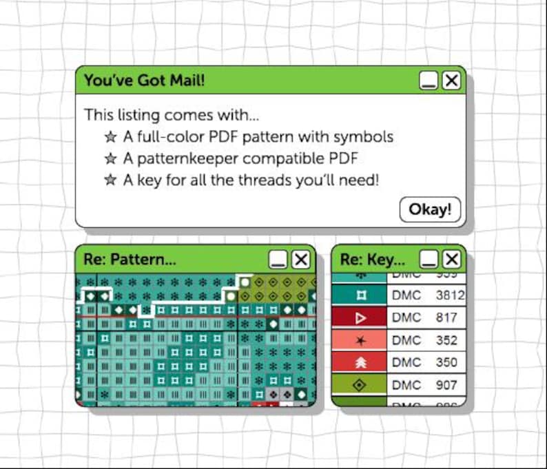 May include: A digital cross-stitch pattern listing with a retro computer interface theme. The image includes a pop-up window with the text "You've Got Mail!" and details about the pattern, a pattern chart, and a color key.