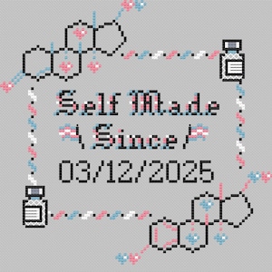 May include: Cross-stitch design on a gray background with the words "Self Made Since 03/12/2025". The design includes molecular structures, vials, and a border with pink, blue, and white accents, and a transgender flag.
