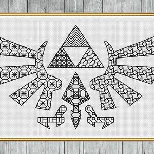 May include: Black and white cross-stitch pattern of the Triforce symbol from the Legend of Zelda video game series. The Triforce is surrounded by a stylized winged design.