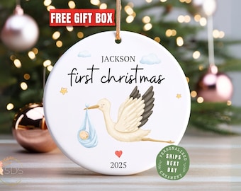Baby's First Christmas Ornament Personalized Baby 1st Christmas Bauble Stork Keepsake