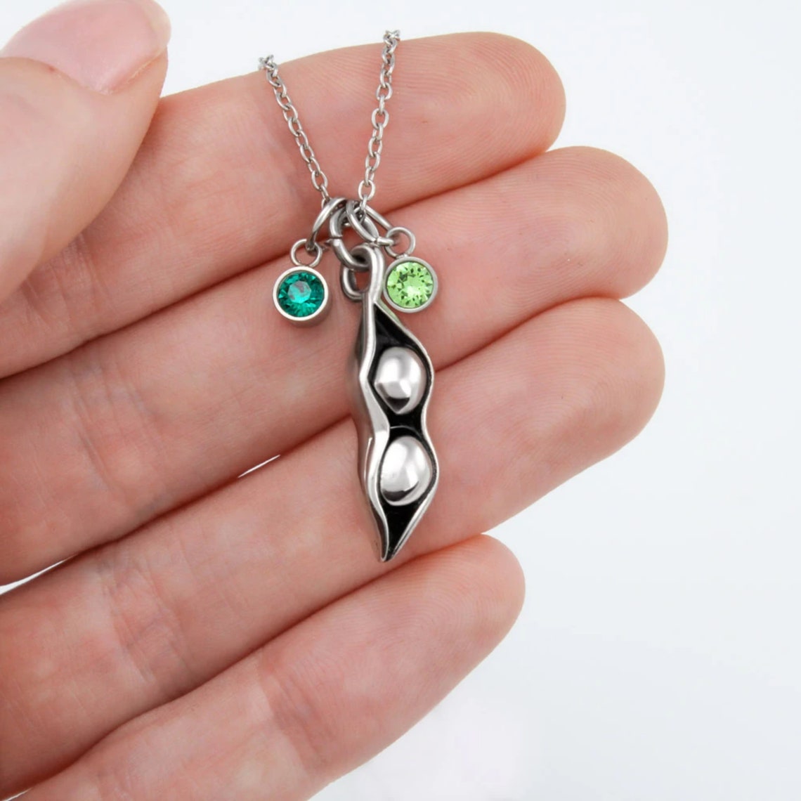 Personalized Peas in a Pod Necklace Peapod Necklace Birthstone Necklace