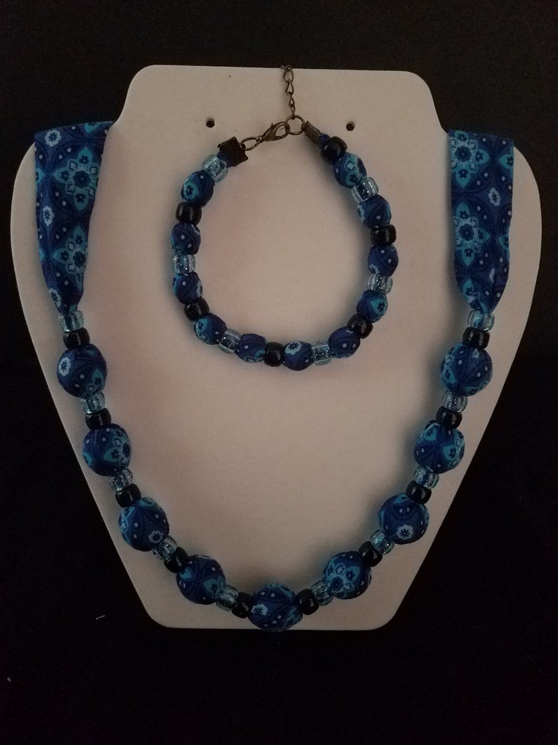 Cloth Beaded Necklace and Bracelet Set Handmade cloth covered Beads inside the fabric Both adjustable Made in Maine