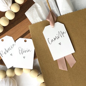 9 Personalized Name Tags, Thank You Tag, Birthday Tag, Bridesmaid Tag, Calligraphy, Custom Tag, Size: about 2" by 3"