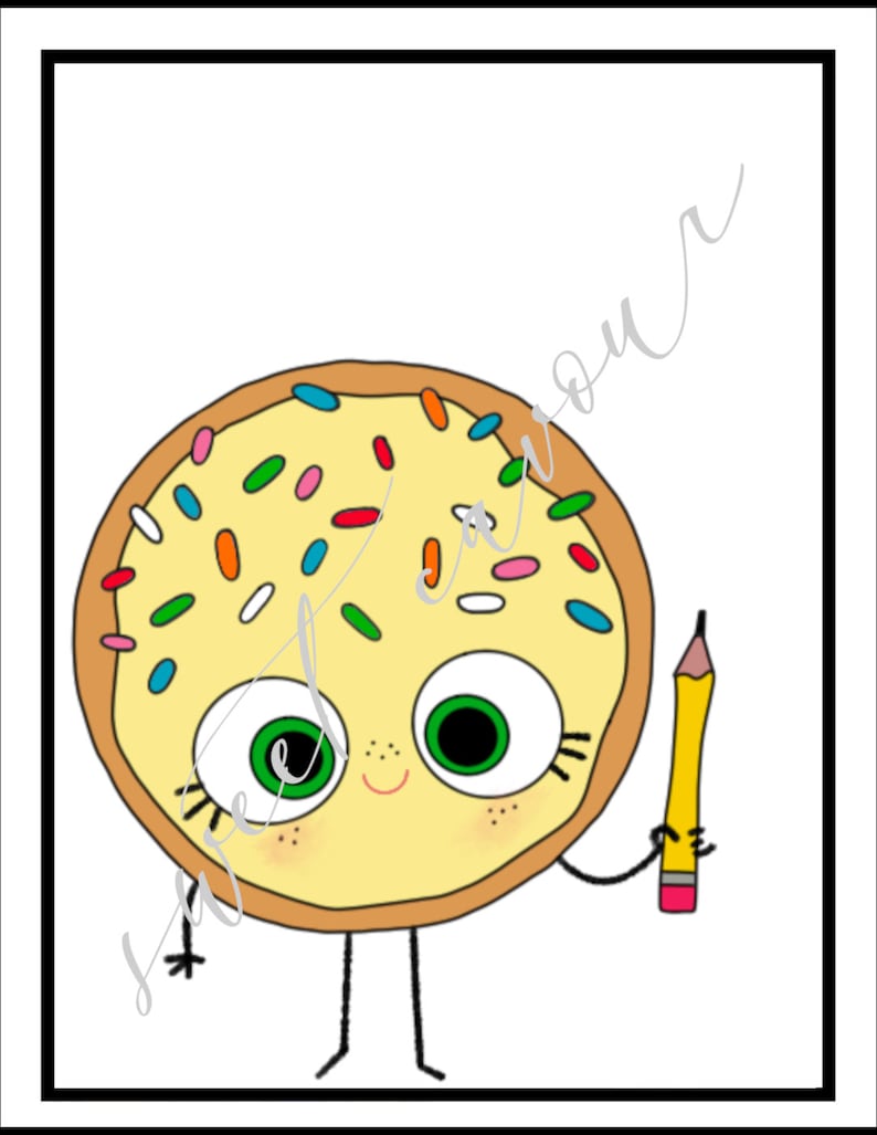 May include: A cartoon donut with sprinkles, green eyes, and a smile holds a yellow pencil. The donut has a light yellow filling and a brown crust.